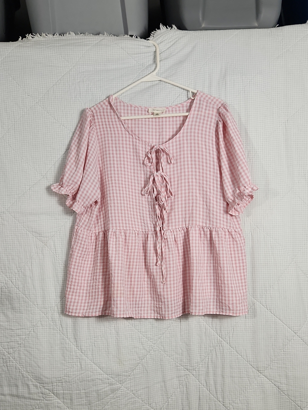 Tamara H. Pink Gingham Tie-Front Peplum Top